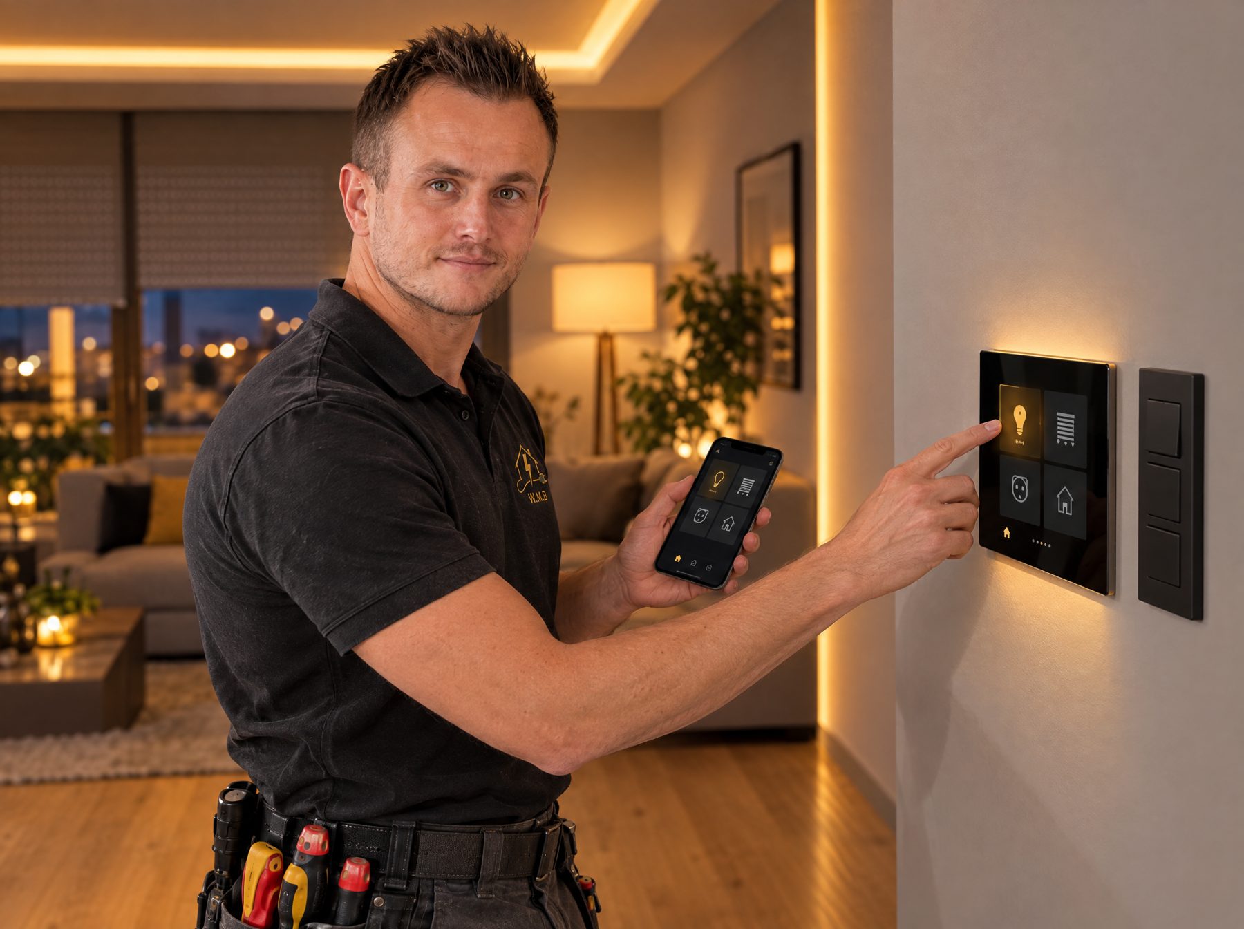 Elektryk Mateusz Woźniak podczas konfiguracji systemu smart home