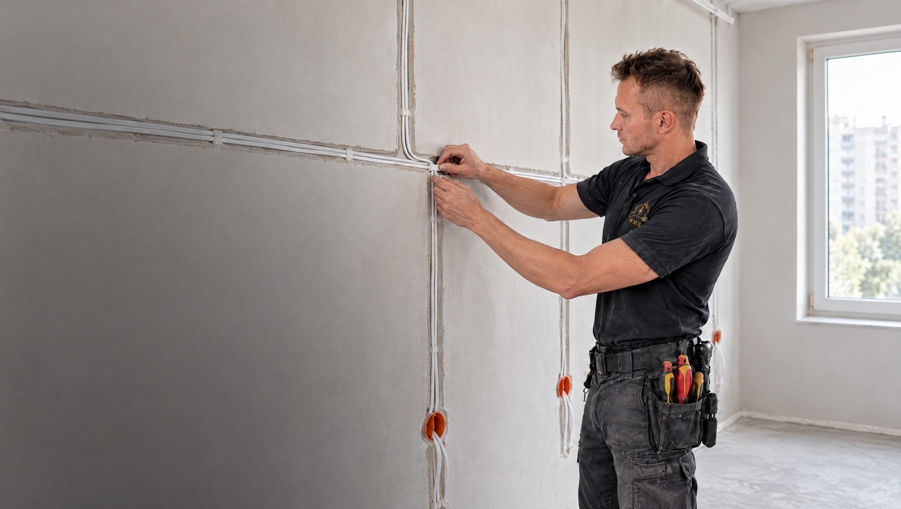 Elektryk Mateusz Woźniak podczas montażu instalacji elektrycznej w mieszkaniu