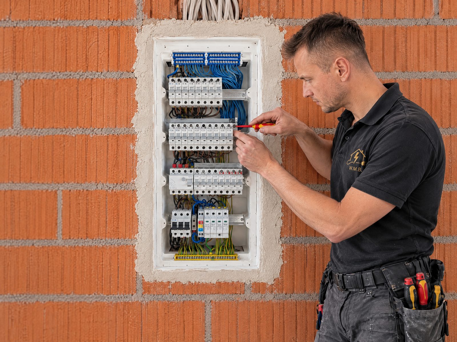 Elektryk Mateusz Woźniak podczas modernizacji rozdzielnicy elektrycznej